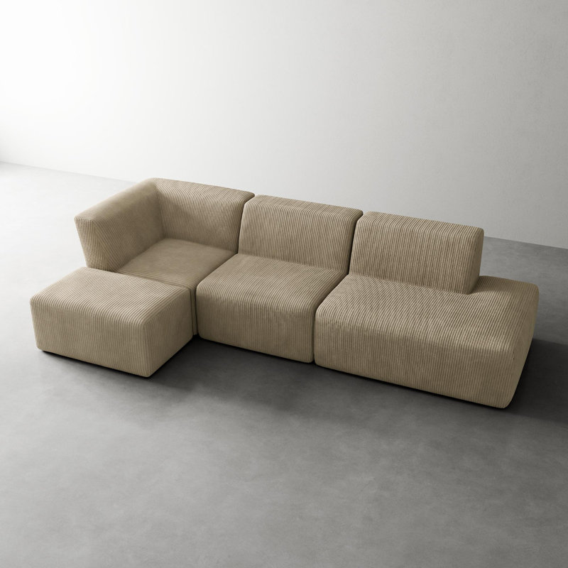 Berlare 4 - Piece Upholstered Boneless Compression Corduroy Modular Sectional Sofa Set with Removable Ottoman – Fully Compressed, No Assembly Required