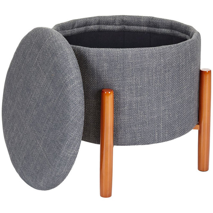 Linen Upholstered Round Storage Ottoman with Pine Legs and Wooden Tray, Grey