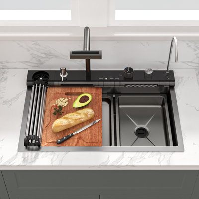 30" L x 19" W Workstation Drop-In Waterfall Kitchen Sink Stainless Steel 16 Gauge Multifunction Single Bowl Kitchen Sink with Faucet Combo