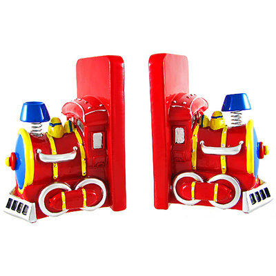 Red cold cast resin train engine decorative bookends — set of 2, each 6 in. tall, 4 in. wide, 3.5 in. deep
