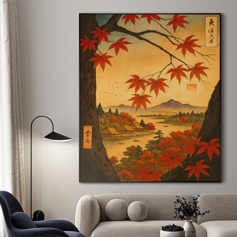 Très grande reproduction d'art sur toile - Feuilles d'érable d'automne et décor de village de montagne pour le salon ou la chambre à coucher - «Assemblage requis du cadre (cadre non fini)»