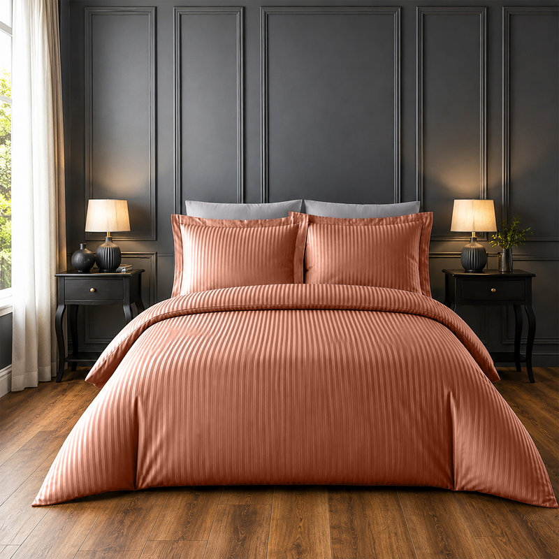 Imperial Homeware London Microfiber Striped Duvet Cover Set with Pillowcases, King Duvet Cover + 2 Standard Pillowcases, Rust