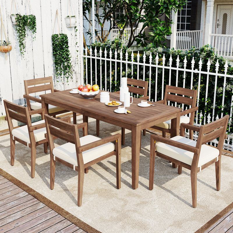  7-Piece Acacia Wood Outdoor Dining Set with Cushions, 6 Armchairs and Rectangular Table for Patio Garden, Burly Wood, Brown