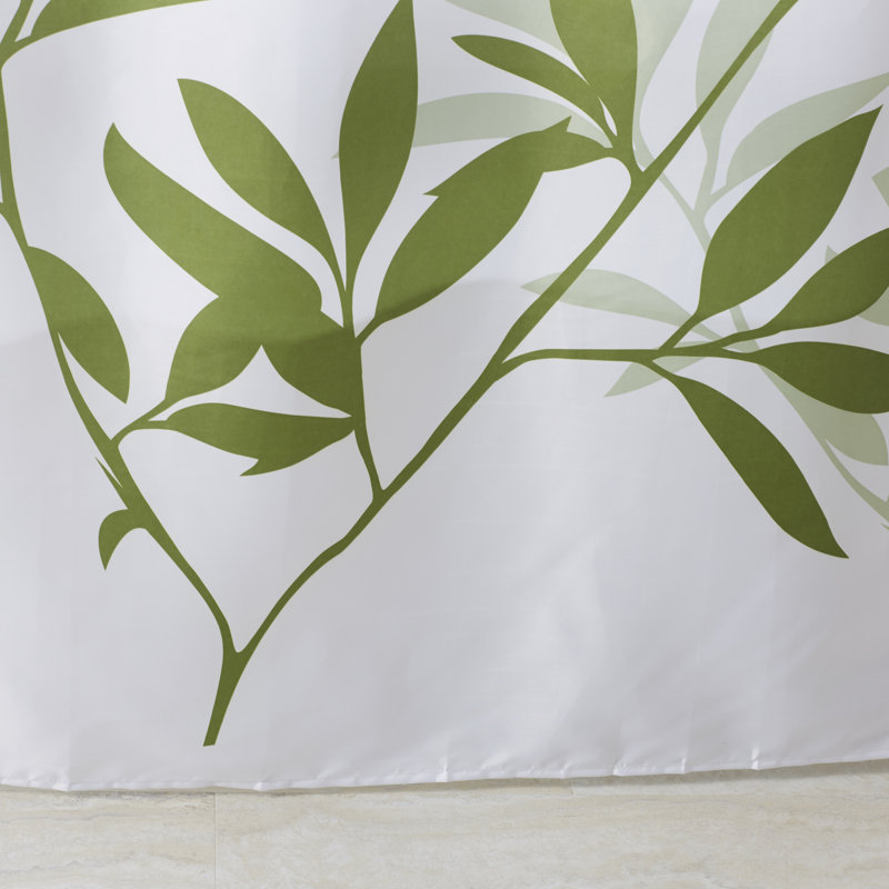 Standard White and Green Botanical Fabric Shower Curtain