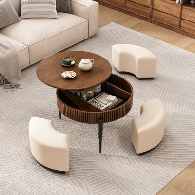 Table basse 31,5 "à grain de bois surélevé avec tablette de rangement et 3 tabourets, pieds en bois massif