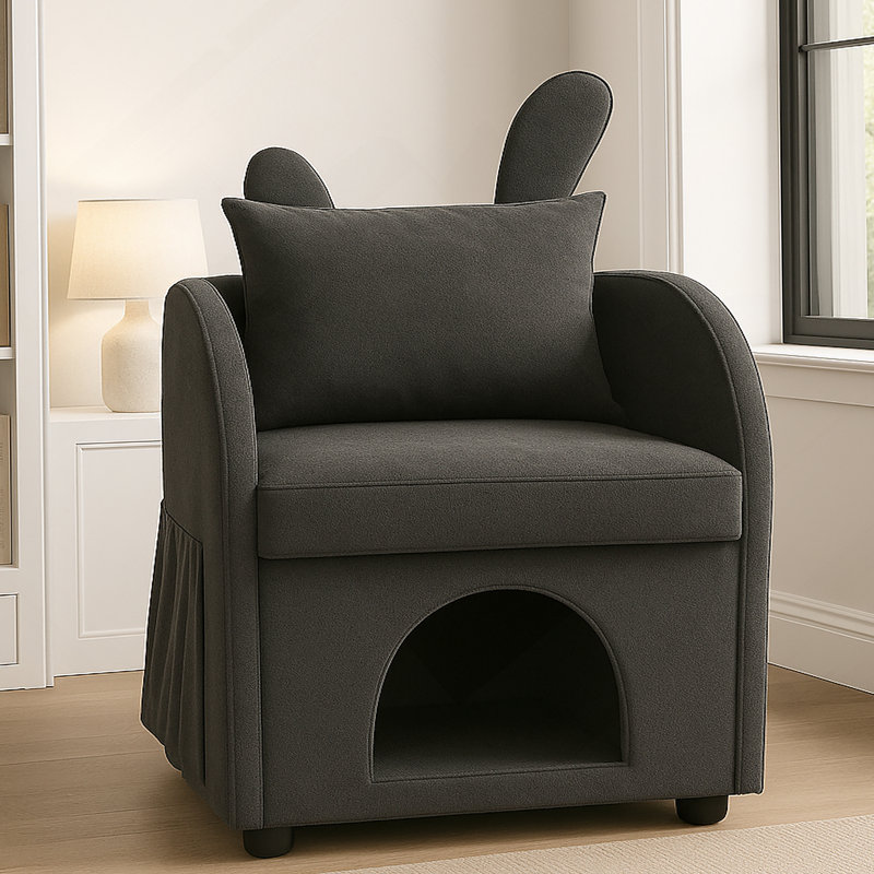 Dark Gray Bunny-Ear Pet-Friendly Armchair With Scratch-Resistant Fabric, Built-In Cat & Dog Hideaway, Dual-Use Sofa Chair With Side Pocket, 27.4 X 25.2 X 37.4 Inch