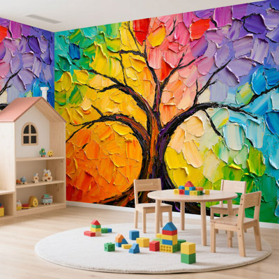 Papier peint adhésif peler et coller arbre art arc-en-ciel coloré, feuilles épaisses, branches courbées, papier autocollant amovible et amovible, papier peint pour salon, chambre à coucher H 100 po x l 144 po
