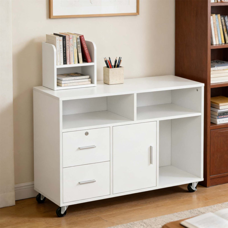 Mobile Storage Cabinet With Printer Stand, Lockable Drawers, And Ample Shelves For Office And Home Organization