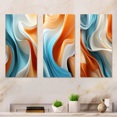 «Blue and Orange Fractal Curves In Motion I», ensemble de 3 décorations murales abstraites fractales