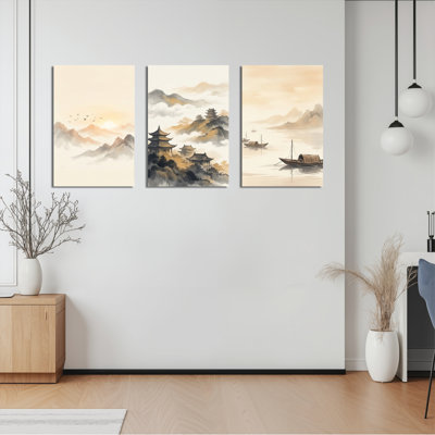 Ensemble de 3 tableaux sur toile représentant des paysages chinois, parfaits pour décorer un salon ou une chambre.