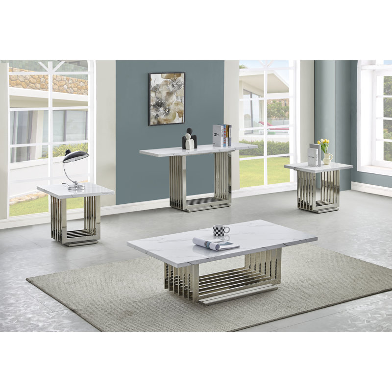White Marble and Silver Stainless Steel 4-Piece Coffee Table Set