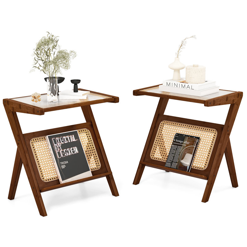 Adale Glass Top End Table Set, Walnut