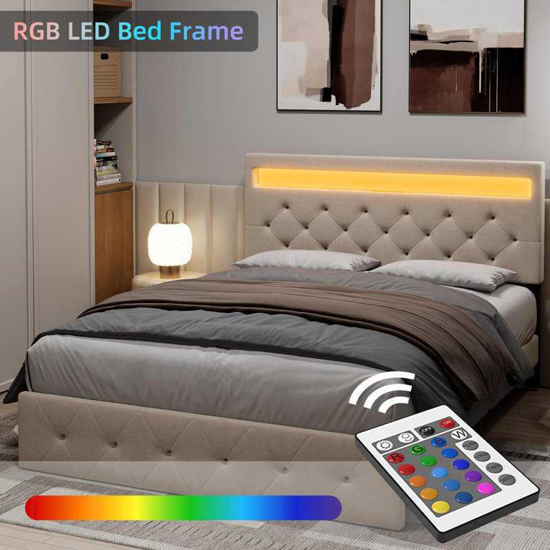 Bed Frame With LED Lights Headboard, Fast-Charging USB Port, White, Full