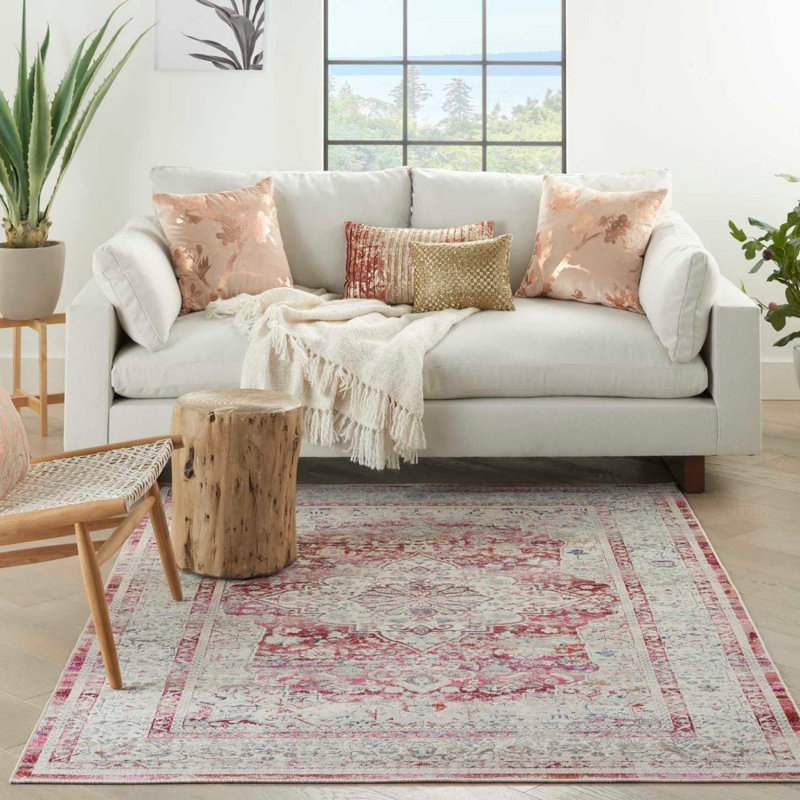 Red Rug, Bordered Floral Rug, Traditional Stain Resistant Rug, Persian Rug For Bedroom, Dining Room, Round 183cm