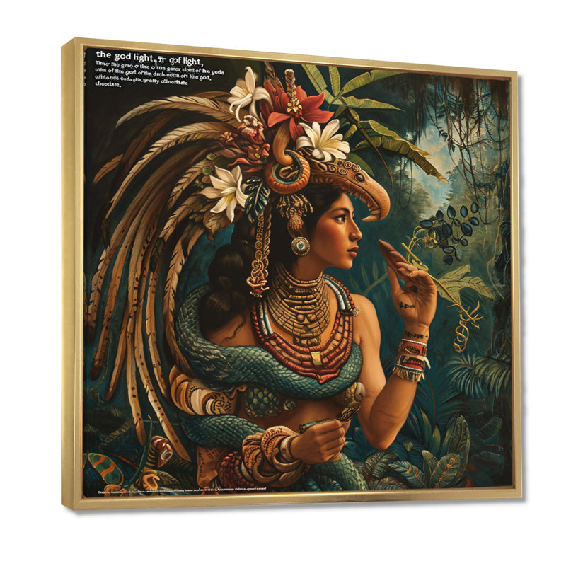 Quetzalcoatl, dieu mexicain du chocolat, Toile avec cadre flottant or, H 36 po x l 36 po x P 1,5 po