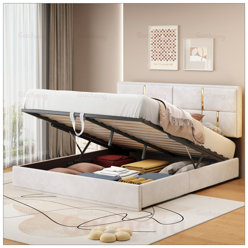 Lit plateforme tapissier avec rangement hydraulique, aucun sommier requis, soutien amélioré et style moderne