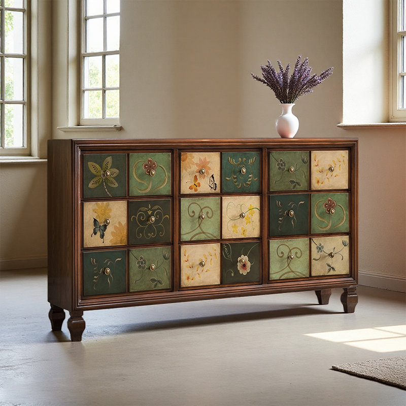 Commode peinte à la main artistique, dessin de tiroir floral, H 35,43 po x l 59,06 po x P 16,14 po