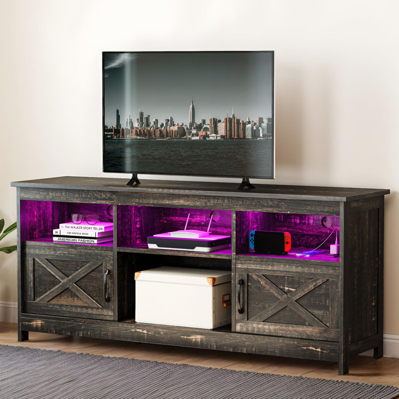 Mercato Modern Farmhouse TV Stand Media Console Media Center with LED Light and Charging Station, Dark Rustic Oak