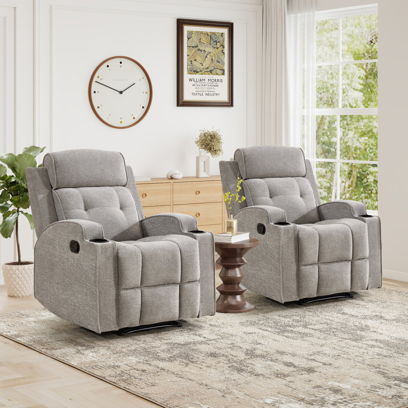 31.5'' Wide Manual Recliner Chair With Dual Cup Holders And Soft Microfiber Upholstery(Set Of 2), Light Gray