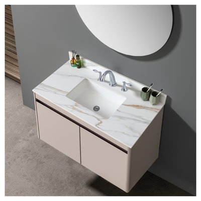 43 Inch Sintered Stone Vanity Top with Undermount Rectangular Sink, Carrara White Marble Bathroom Countertop with 4-Inch Backsplash & Pre-Drilled Faucet Holes