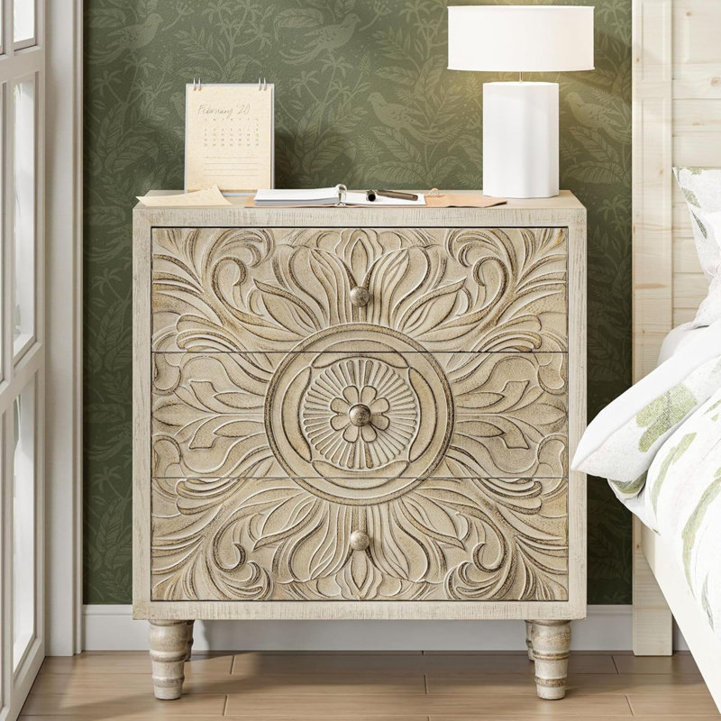 Commode de chambre à 3 tiroirs avec façade florale sculptée