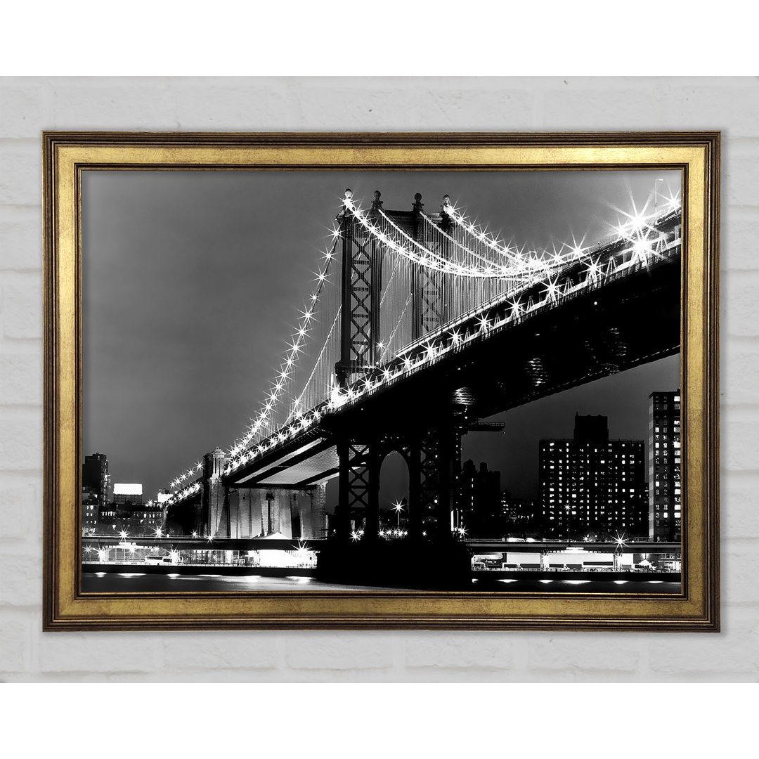 Brooklyn Bridge Night Lights B N W - Einzelner Bilderrahmen Kunstdrucke auf Holz