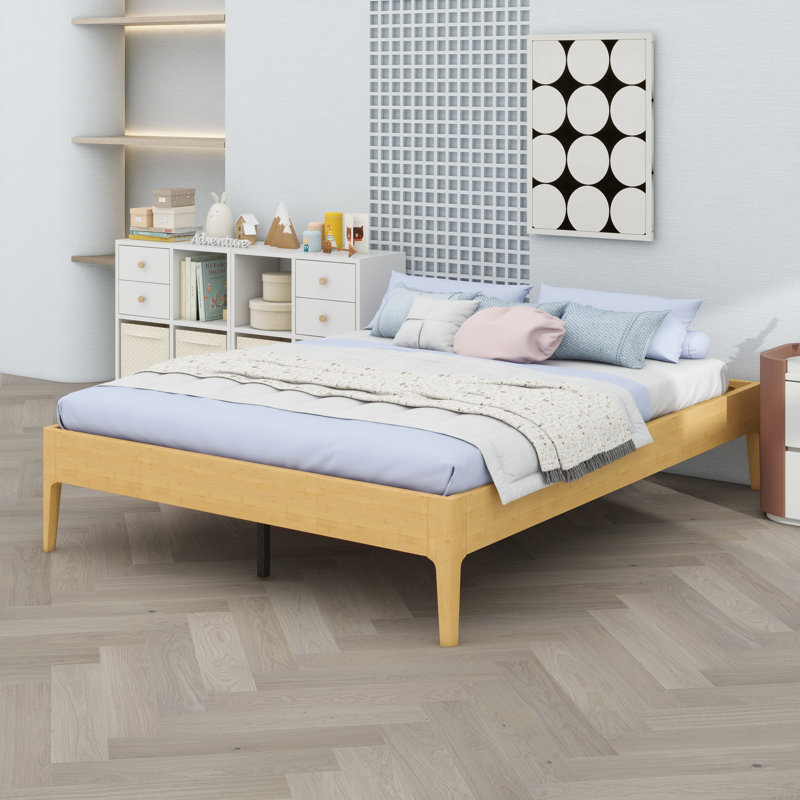 Contemporary Low-Profile Bed Base Featuring Durable Slat Foundation and Tool-Free Setup, Natural