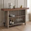 Buffet moderne de hauteur comptoir avec étagères de rangement, plateau effet marbre, repose-pieds en métal et panneaux à lattes.-848988071