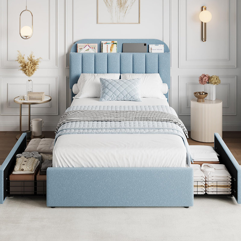 Twin Bed Frame with 2 Flexible Drawers and Bookcase Headboard, Boucle Upholstered Platform Bed for Kids, Blue, Twin