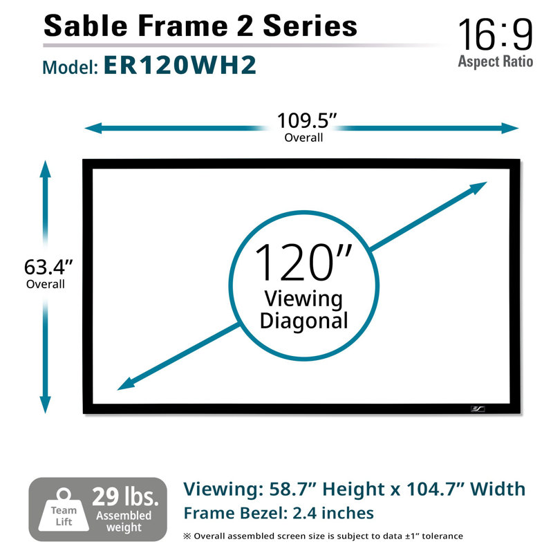 Sable Frame 2 Series Fixed Frame Wall Mounted Projector Screen, Matte White, Black velvet frame, 120" Diagonal