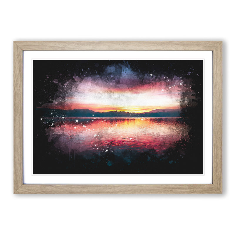 Sunset Over Lake Windermere - Single Picture Frame Print on MDF, 24cm H x 33cm W x 2cm D, Oak Framed