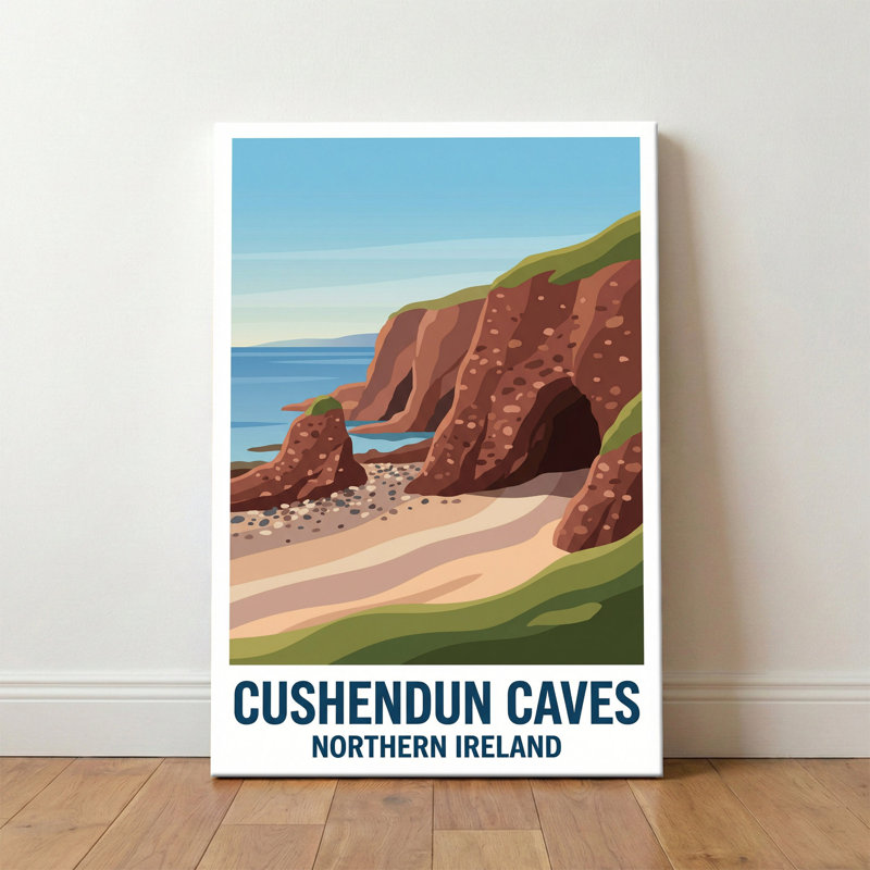 Cushendun Caves, Northern Ireland - Romantic Coastal Travel Poster Of Sea-Carved Cliffs And Hidden Coves. Giclee Print On Wrapped Canvas. Wall Art, Home Decor - Natural Landmarks, Northern Ireland - Wrapped Canvas Print