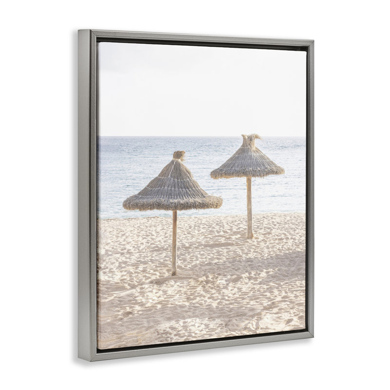 Parasols en paille sur un cadre flottant de plage, design par Sissi et Seb, H 21 po x l 17 po, Cadre flottant gris lustré