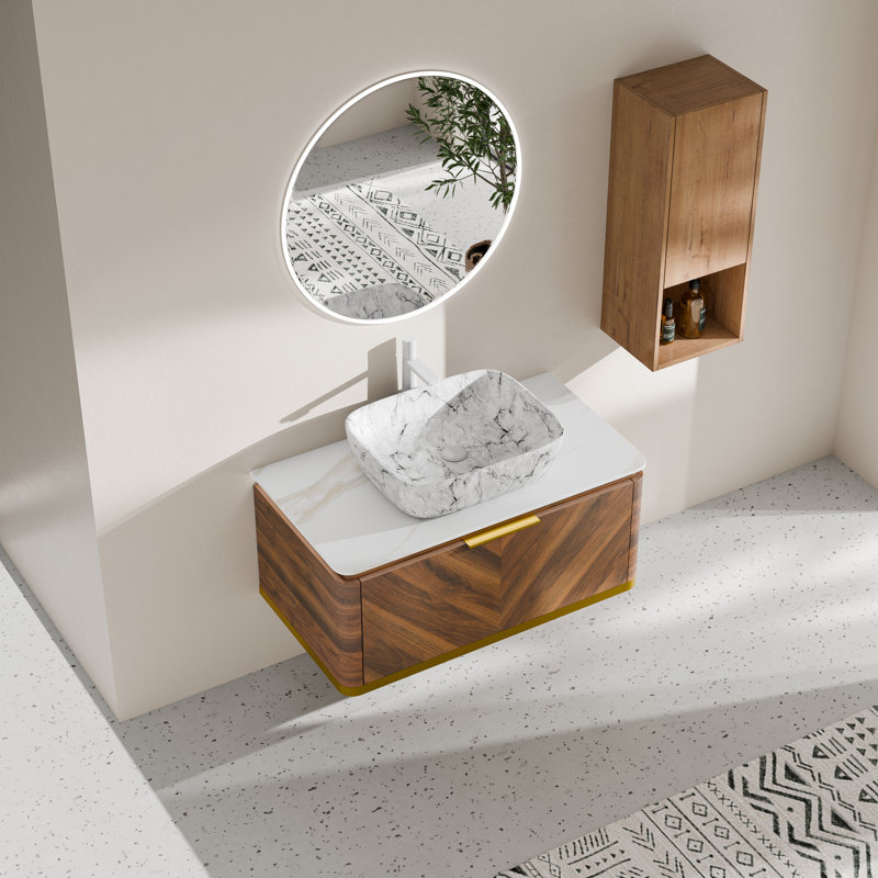Meuble-lavabo flottant noyer 36 po avec lavabo rectangulaire en marbre, capteur DEL et tiroir Absher, Noyer foncé