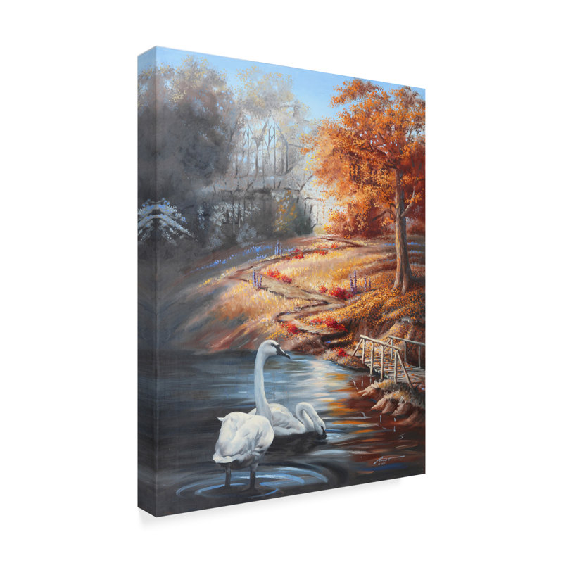 Rusty Rust Swans Landscape Canvas Art in Autumn Colors