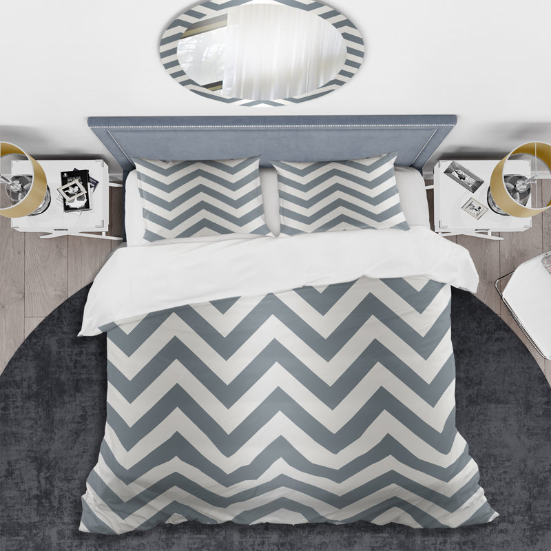 Grey White Geometric Neutrals Chevron Pattern Box Stitch Chevron Duvet Cover, Twin Duvet Cover + 1 Standard Sham