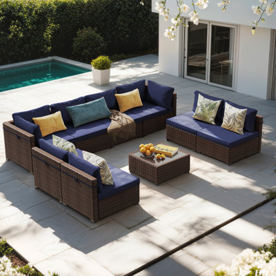 9-piece wicker patio conversation sets with cushions, Navy Blue