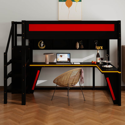 Loft Bed with Desk and Wardrobe, Wood Gaming Loft Bed Frame with LED and Built-in USB for Boys Adults Teens