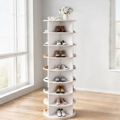 32 Pair Capacity 8-Tier Rotating Shoe Rack, Free Standing Entryway Closet Storage Organizer, Crisp White PVC 360 Degree Revolving Storage Tower