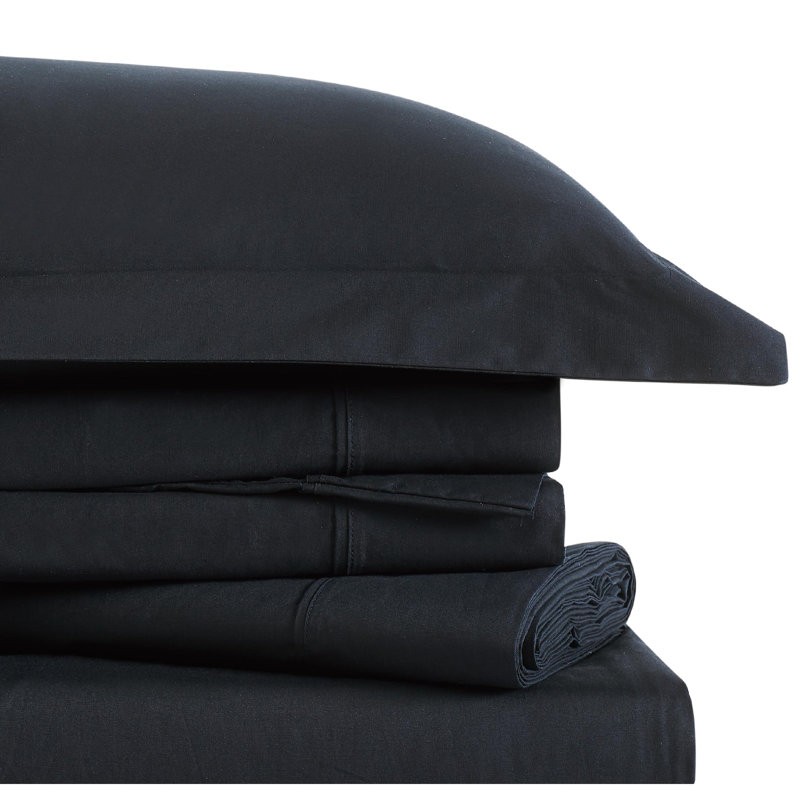  Ensemble de draps 100% coton 200 fils Classic, Noir, Ensemble de draps pour grand lit avec 2 taies d'or