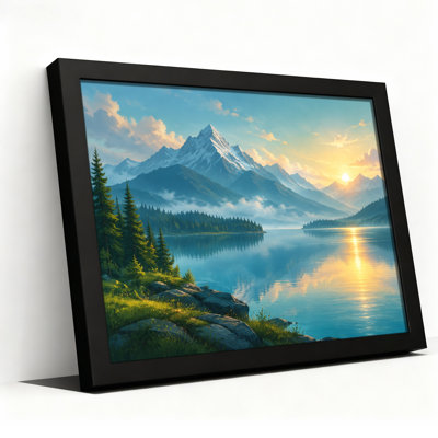 «Snowy Mountain Range Over Misty Lake At Sunrise», art mural sur toile