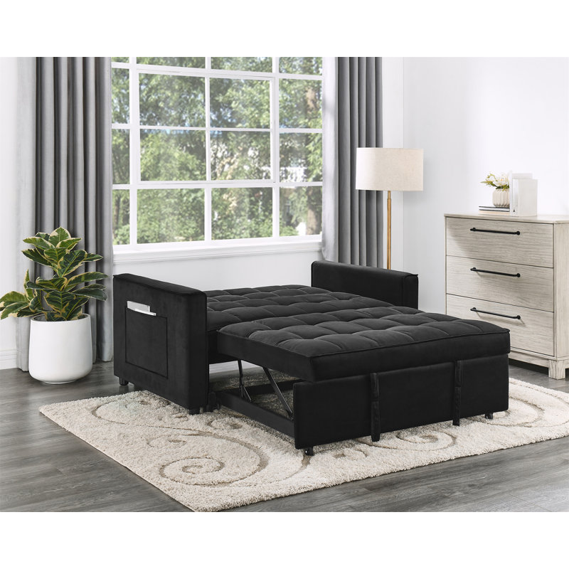 Causeuse convertible en velours noir l 53,5 po Maeve avec capitonnage et poche latérale