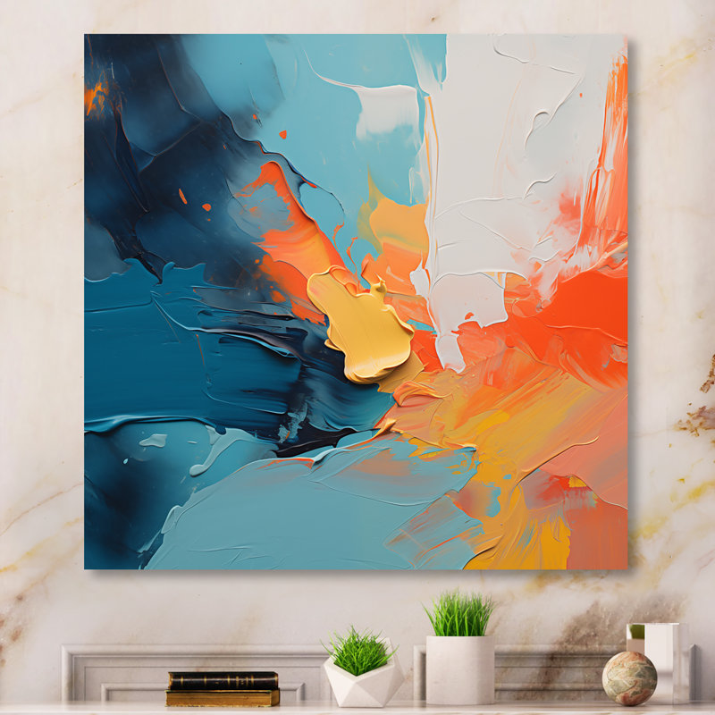 «Blue and Orange Paint Expression 3», art mural abstrait, Toile tendue, H 36 po x l 36 po x P 1,5 po