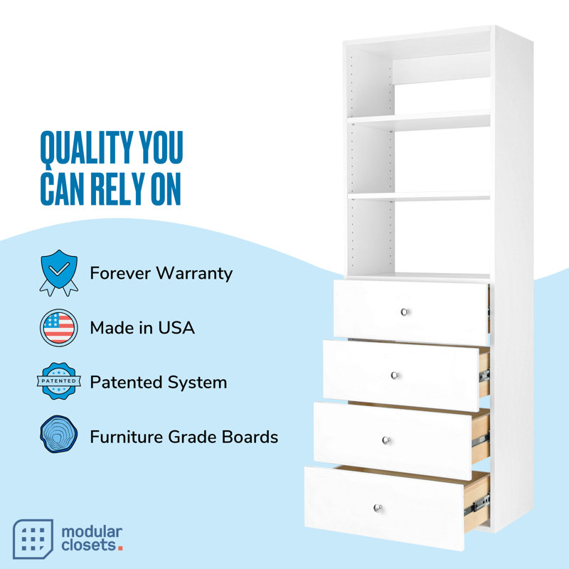 Modular White Wood Closet Tower with Shelves and 4 Drawers