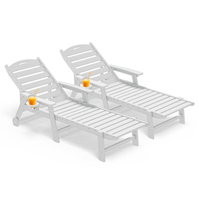 2-Pack Oversized HDPE Chaise Lounges – Adjustable 5-Position Outdoor Recliners with Wheels & Cup Holders, Weather-Resistant for Patio, Pool, Garden