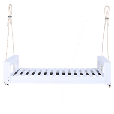 Twin Size Porch Swing Bed Seating Group, Patio Acacia Wood Swing Frame With Hemp Ropes For Garden, Backyard