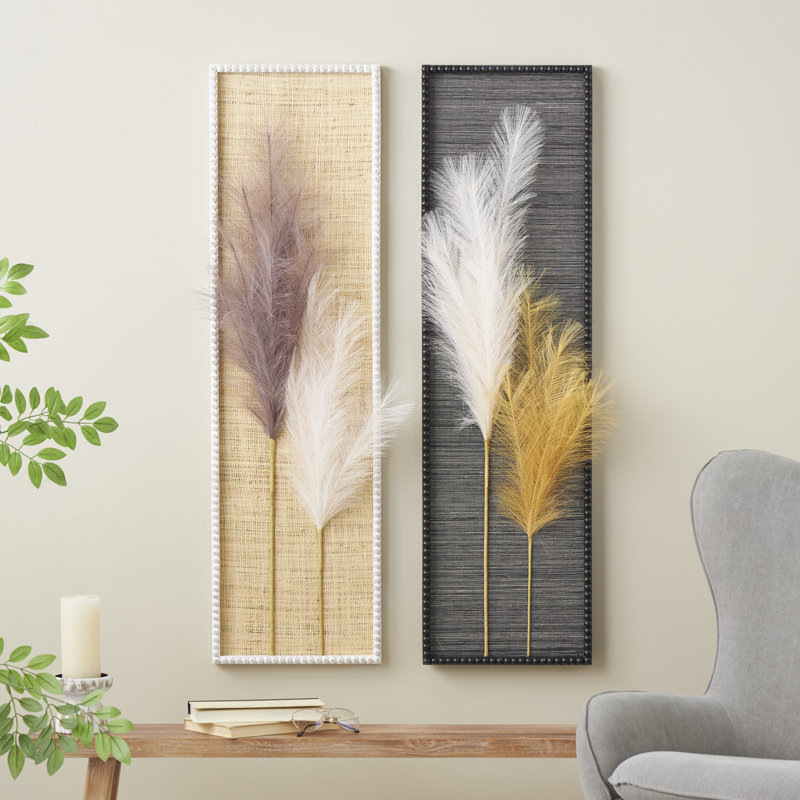 Wood Handmade 3D Pampas Stem Leaf Brown Wall Decor with Textured Backing and Beaded Frame Set