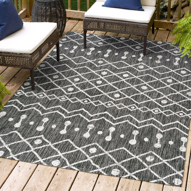 Wemoorland Tribal Bohemian Black/Ivory Indoor/Outdoor Rug, Rectangle 3'11" x 6'