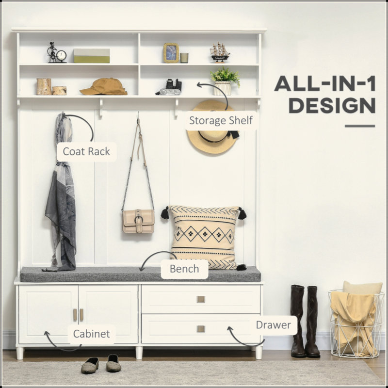 Arbre d'entrée avec banc de rangement, banc d'entrée avec portemanteau, portemanteau décoratif avec tablettes de rangement, armoire et tiroirs pour vestibule, vestibule