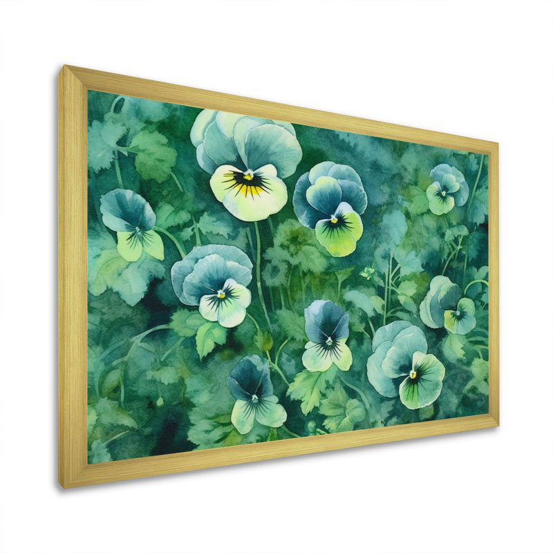 «Green Teal Pansies Harmony», reproduction sur toile, H 12 po x l 20 po x P 1 po, Cadre doré à une seule photo
